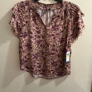 Democracy Floral Lace Blouse - Purple and Cream - Size: PETITE MEDIUM